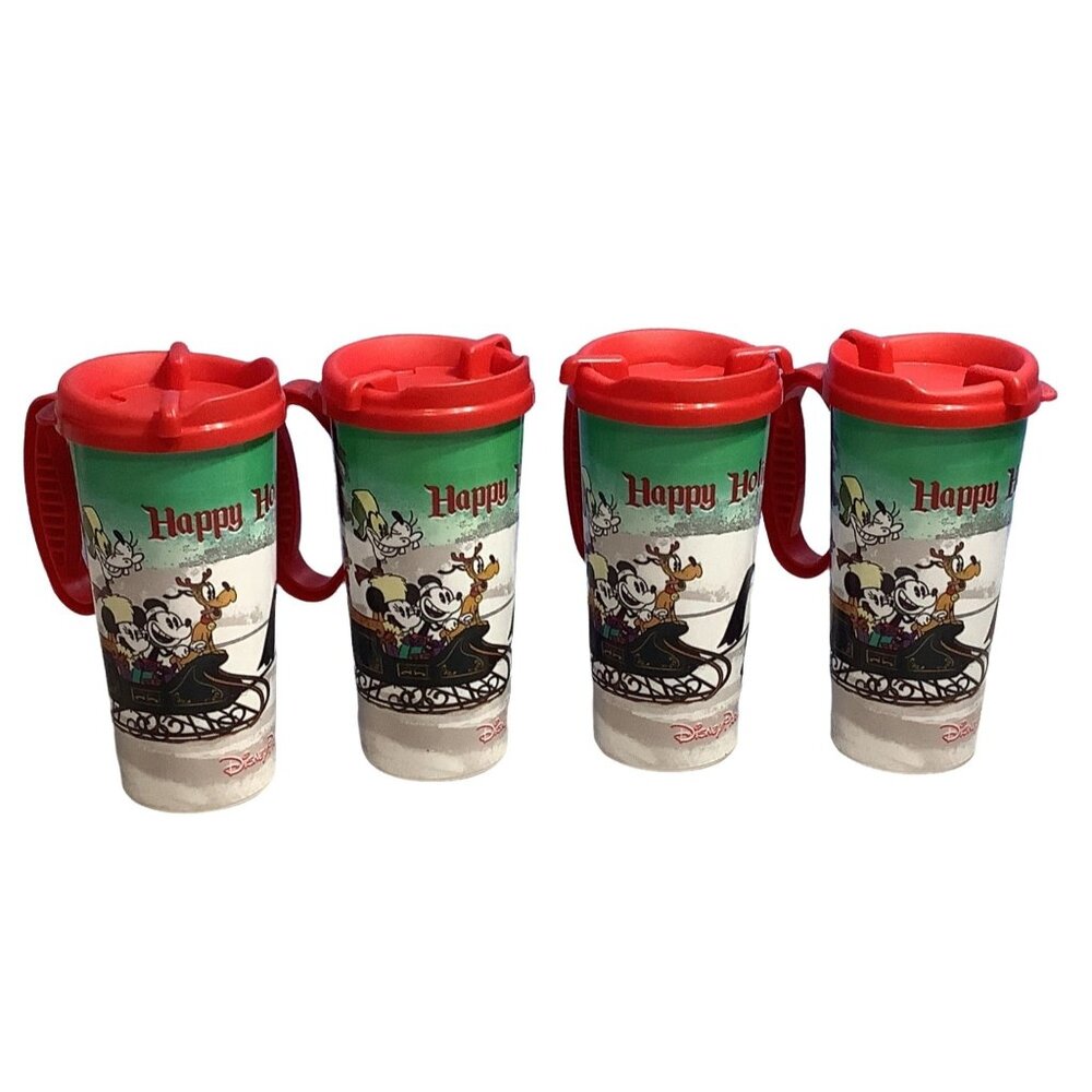 4 Disney Theme Park Souvenir Cup Happy Holidays Plastic Character Lid Vintage